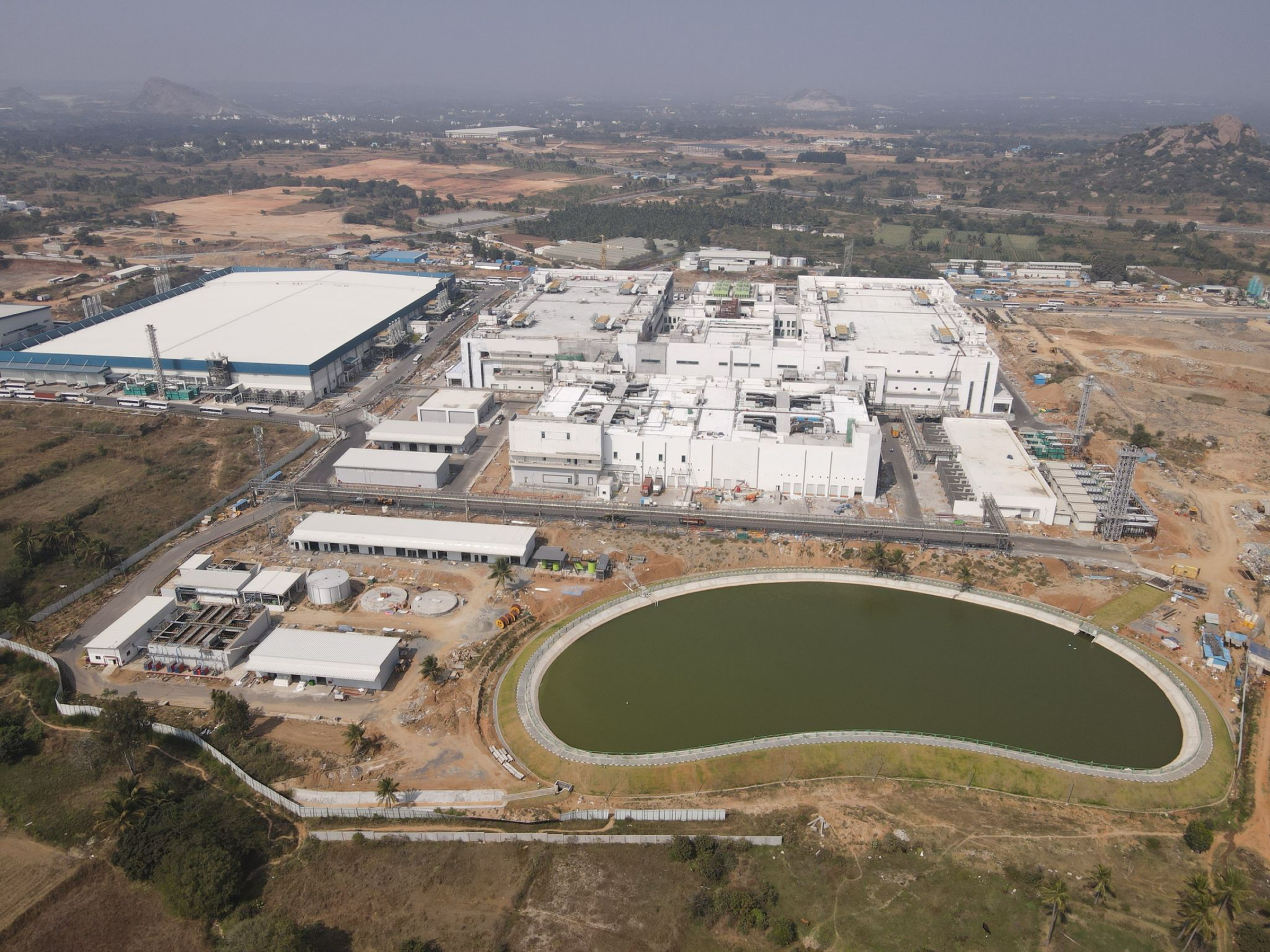 Aerial view of the Schaeffler India plant at Shoolagiri with its water retention pond
