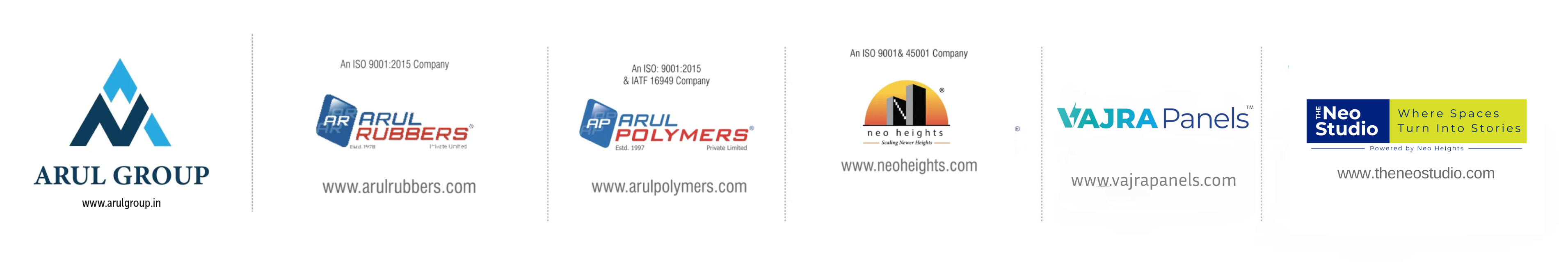 Arul Group companies — Arul Rubbers, Arul Polymers, Neo Heights, Vajra Panels and The Neo Studio